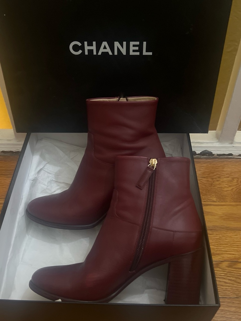 CHANEL Wine Leather Zip Ankle Boots